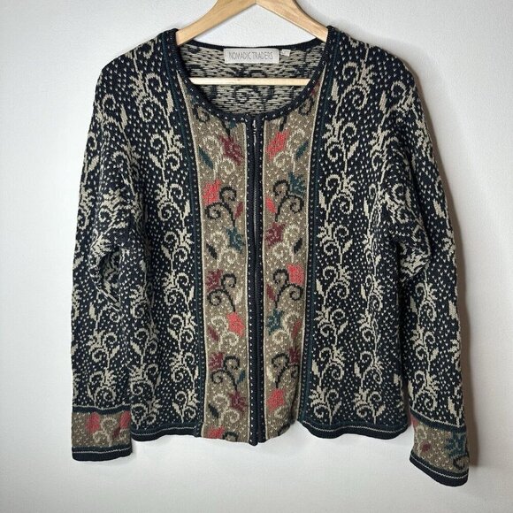 Nomadic Traders Sweater Womens L Tan Black Full Zip Up Embroidered Cottagecore - Picture 1 of 10